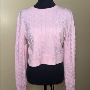 Faded Rose Pink Cable Knit Sweater with Bow Detail